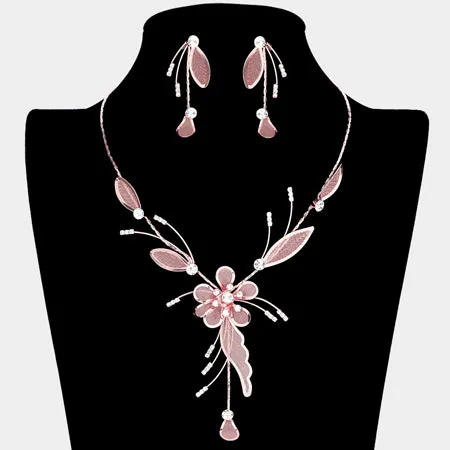 Crystal Detail Metal Mesh Flower Vine Necklace