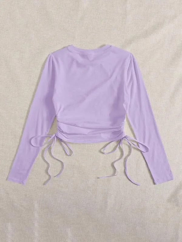 DRAWSTRING RUCHED SOLID FULL SLEEVE TEE