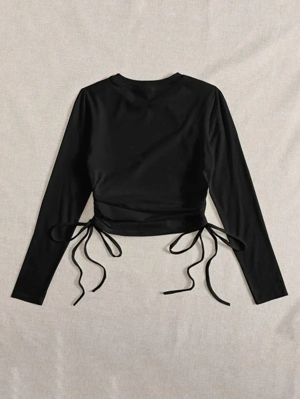 DRAWSTRING RUCHED SOLID FULL SLEEVE TEE