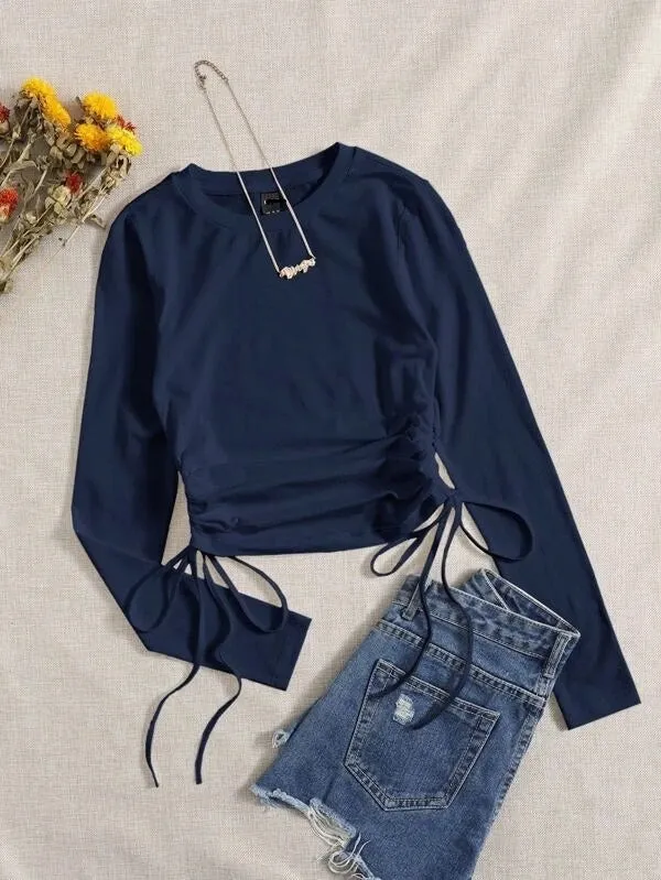 DRAWSTRING RUCHED SOLID FULL SLEEVE TEE