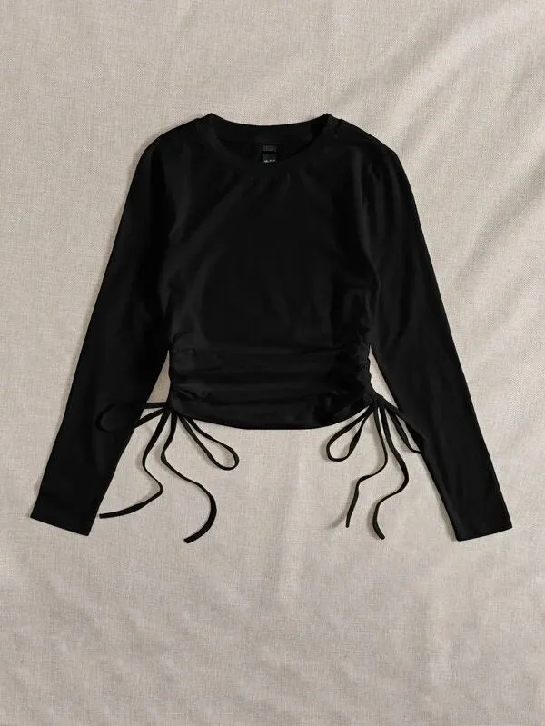 DRAWSTRING RUCHED SOLID FULL SLEEVE TEE