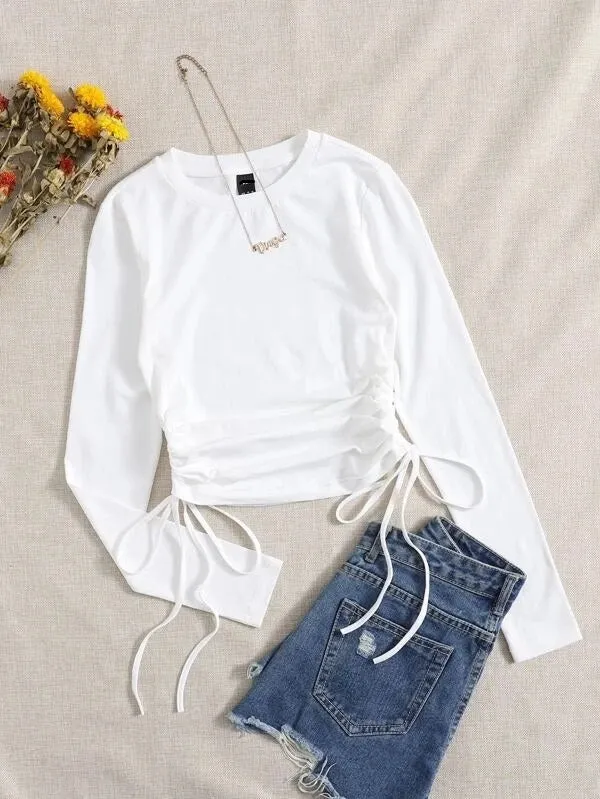 DRAWSTRING RUCHED SOLID FULL SLEEVE TEE