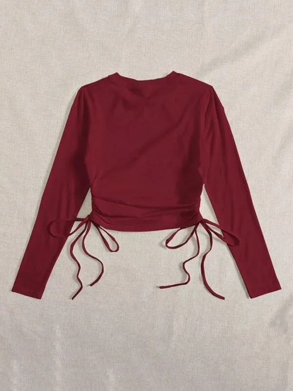 DRAWSTRING RUCHED SOLID FULL SLEEVE TEE