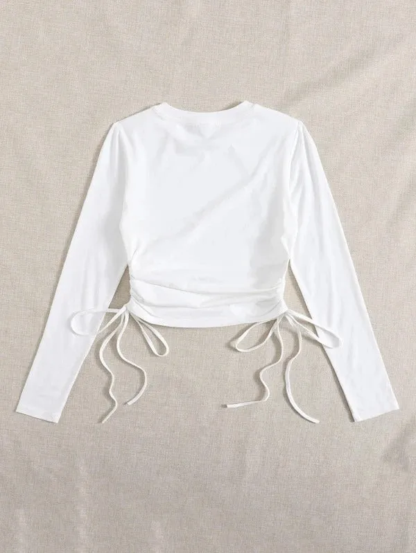 DRAWSTRING RUCHED SOLID FULL SLEEVE TEE