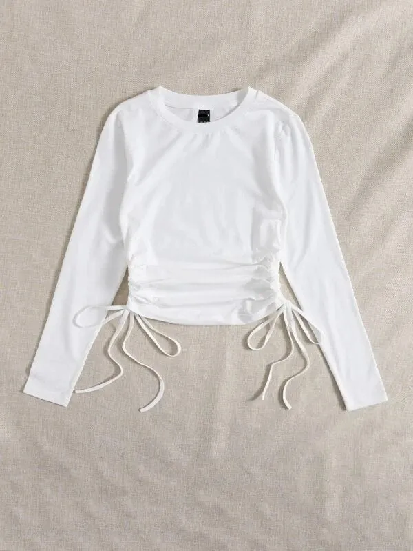 DRAWSTRING RUCHED SOLID FULL SLEEVE TEE