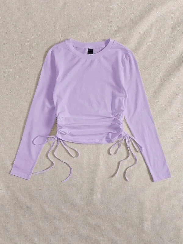 DRAWSTRING RUCHED SOLID FULL SLEEVE TEE