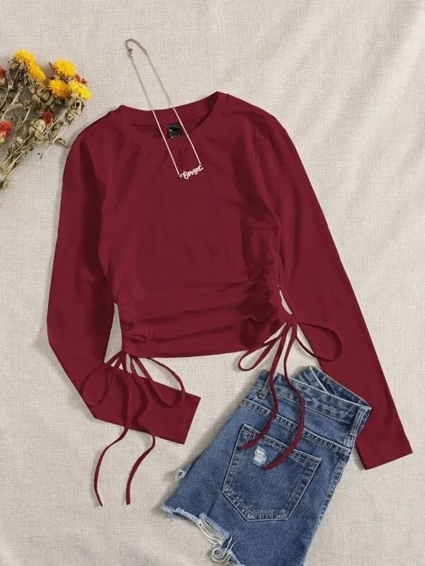 DRAWSTRING RUCHED SOLID FULL SLEEVE TEE