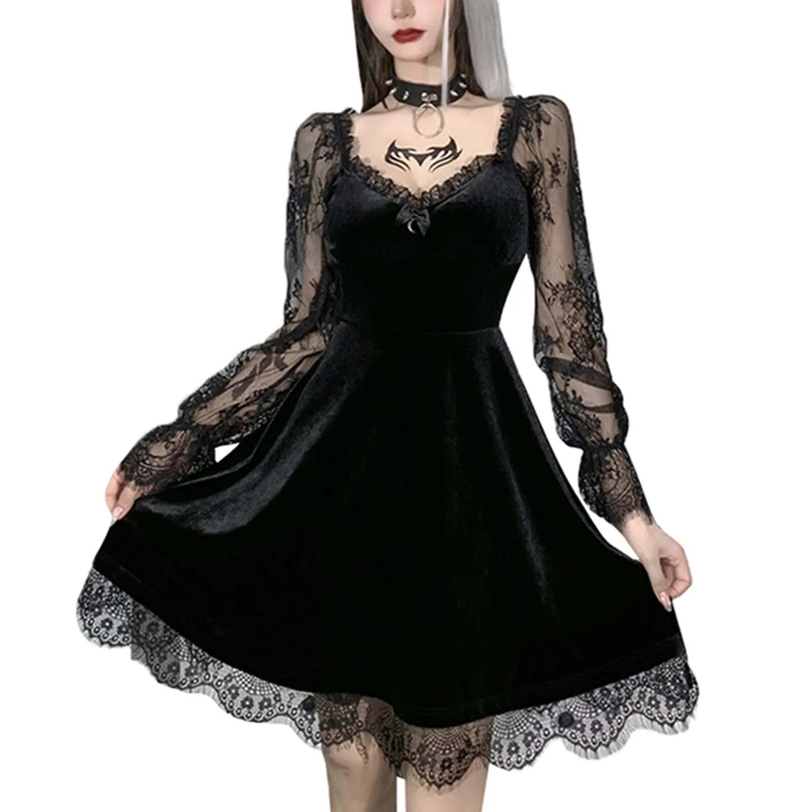 E-girl Grunge Gothic Black Mini Dress Lace Trim High Waist Bodycon Dress Y2K Women 90s Vintage Punk Harajuku Lolita Clothes