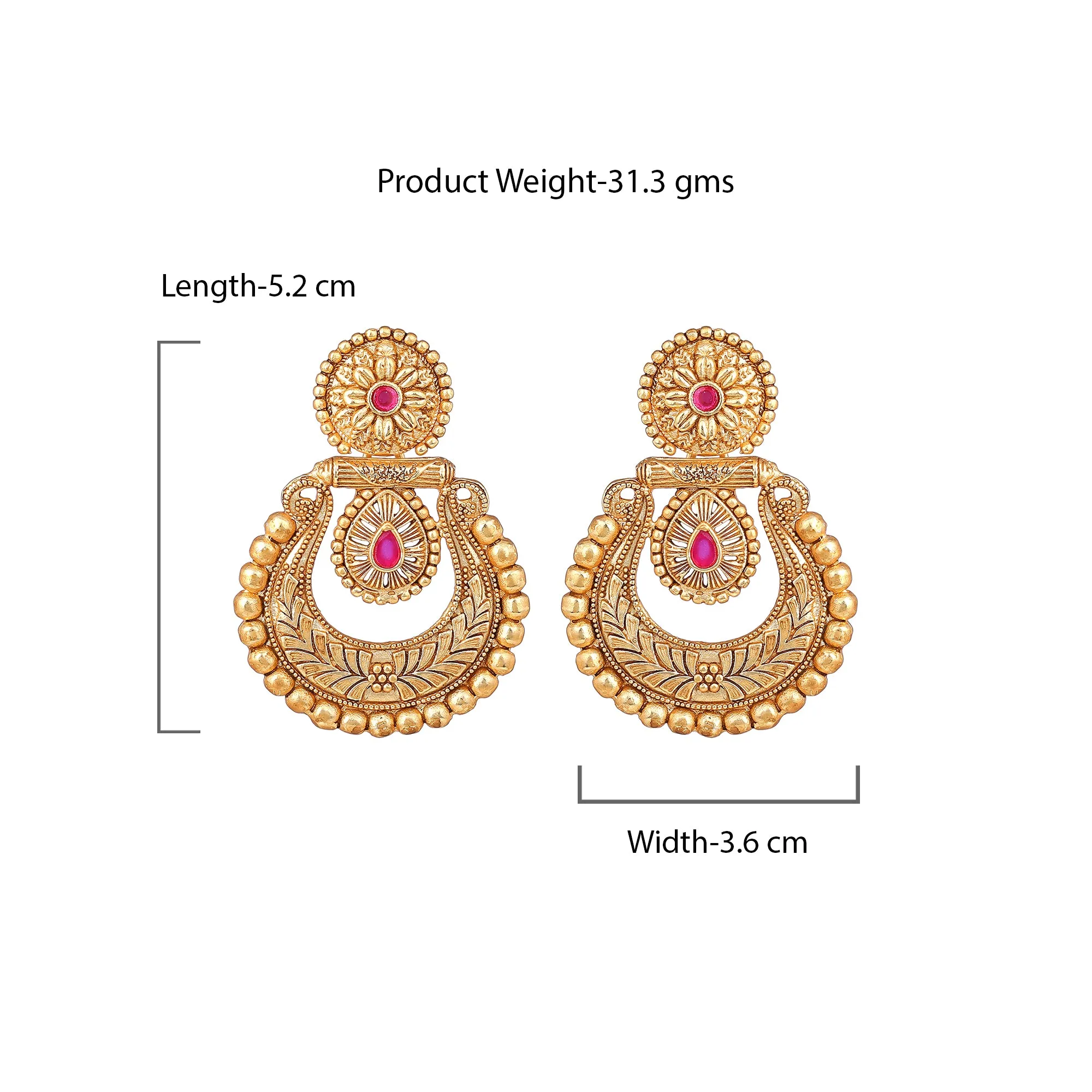 Estele Gold Plated Beautiful Matt Finish Drop Earrings with Ruby Crystals for Women