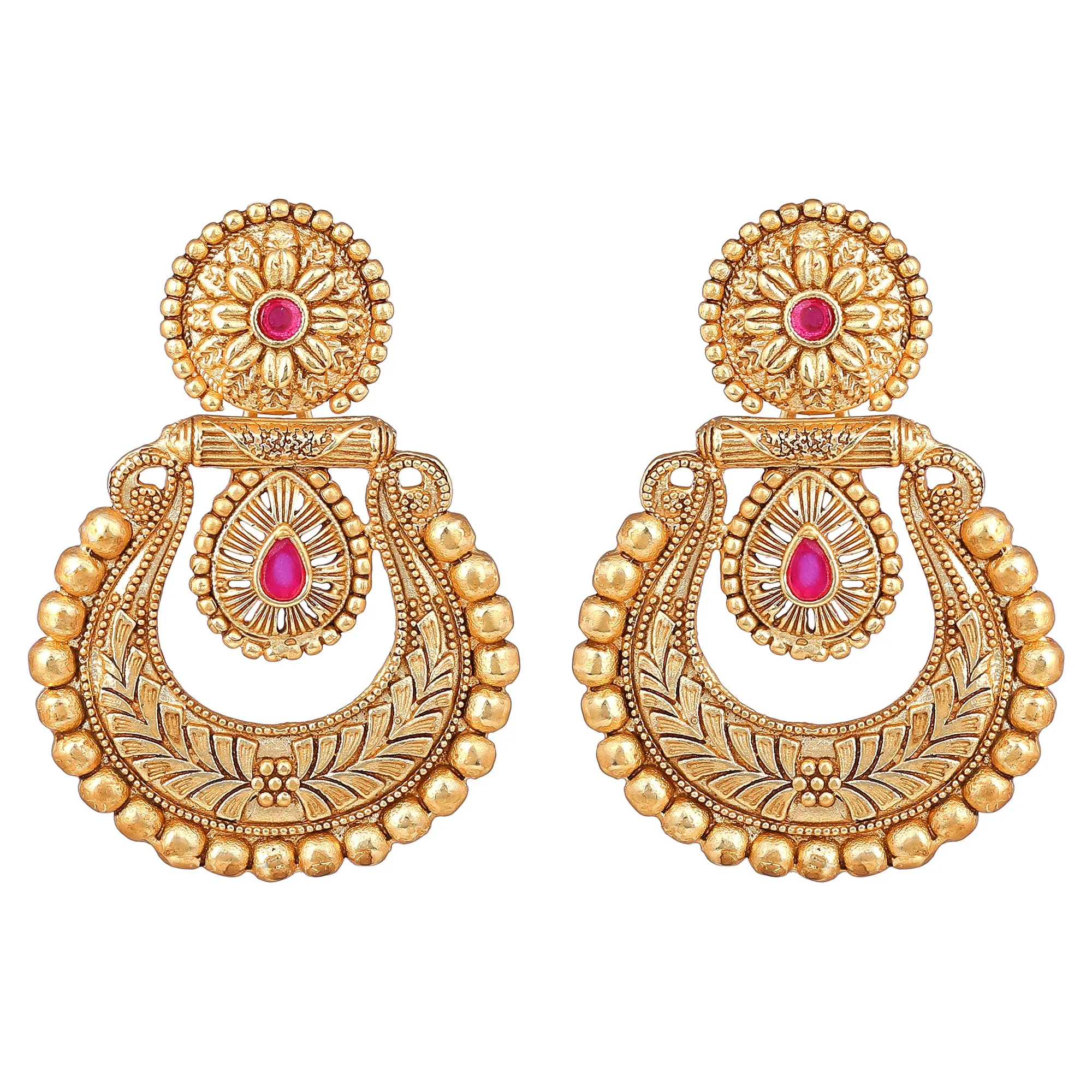 Estele Gold Plated Beautiful Matt Finish Drop Earrings with Ruby Crystals for Women