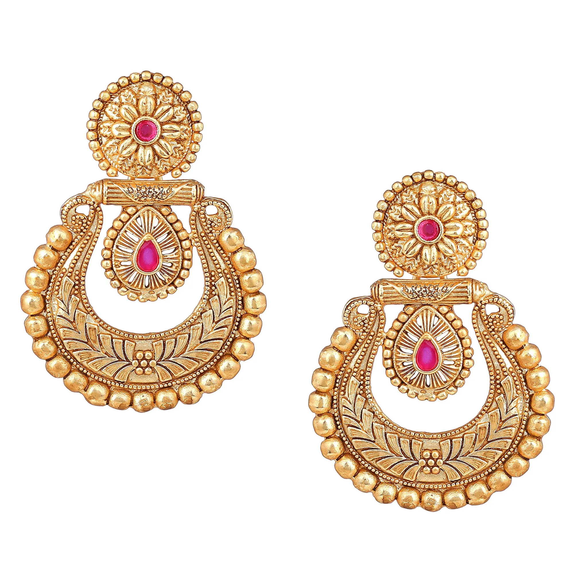 Estele Gold Plated Beautiful Matt Finish Drop Earrings with Ruby Crystals for Women