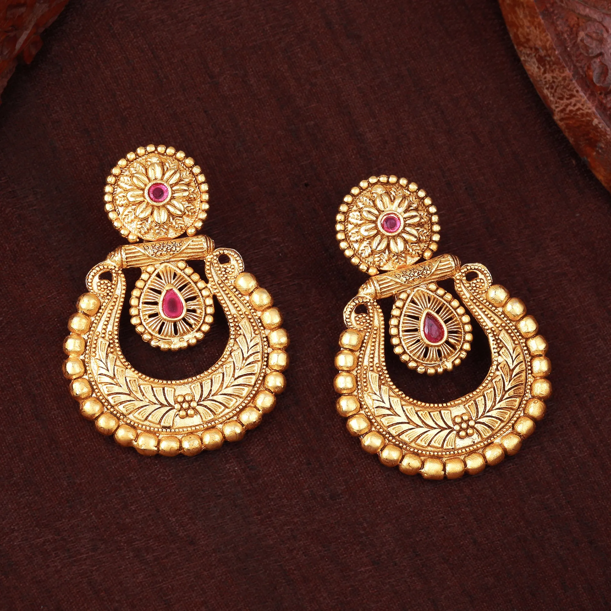 Estele Gold Plated Beautiful Matt Finish Drop Earrings with Ruby Crystals for Women