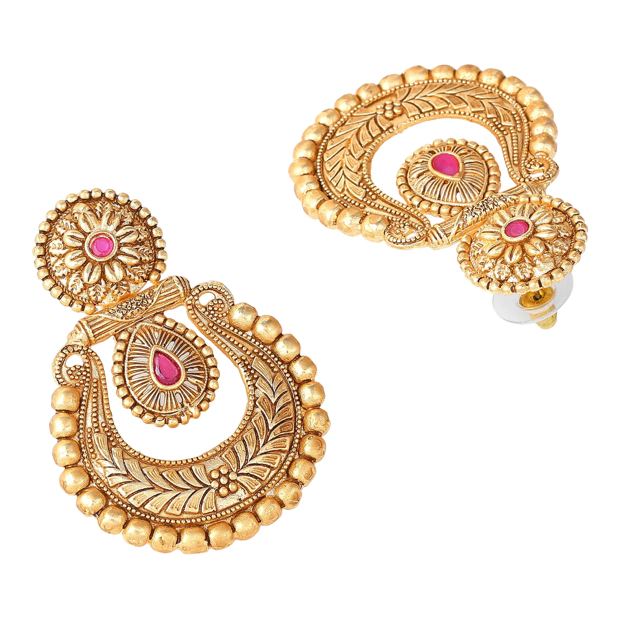 Estele Gold Plated Beautiful Matt Finish Drop Earrings with Ruby Crystals for Women