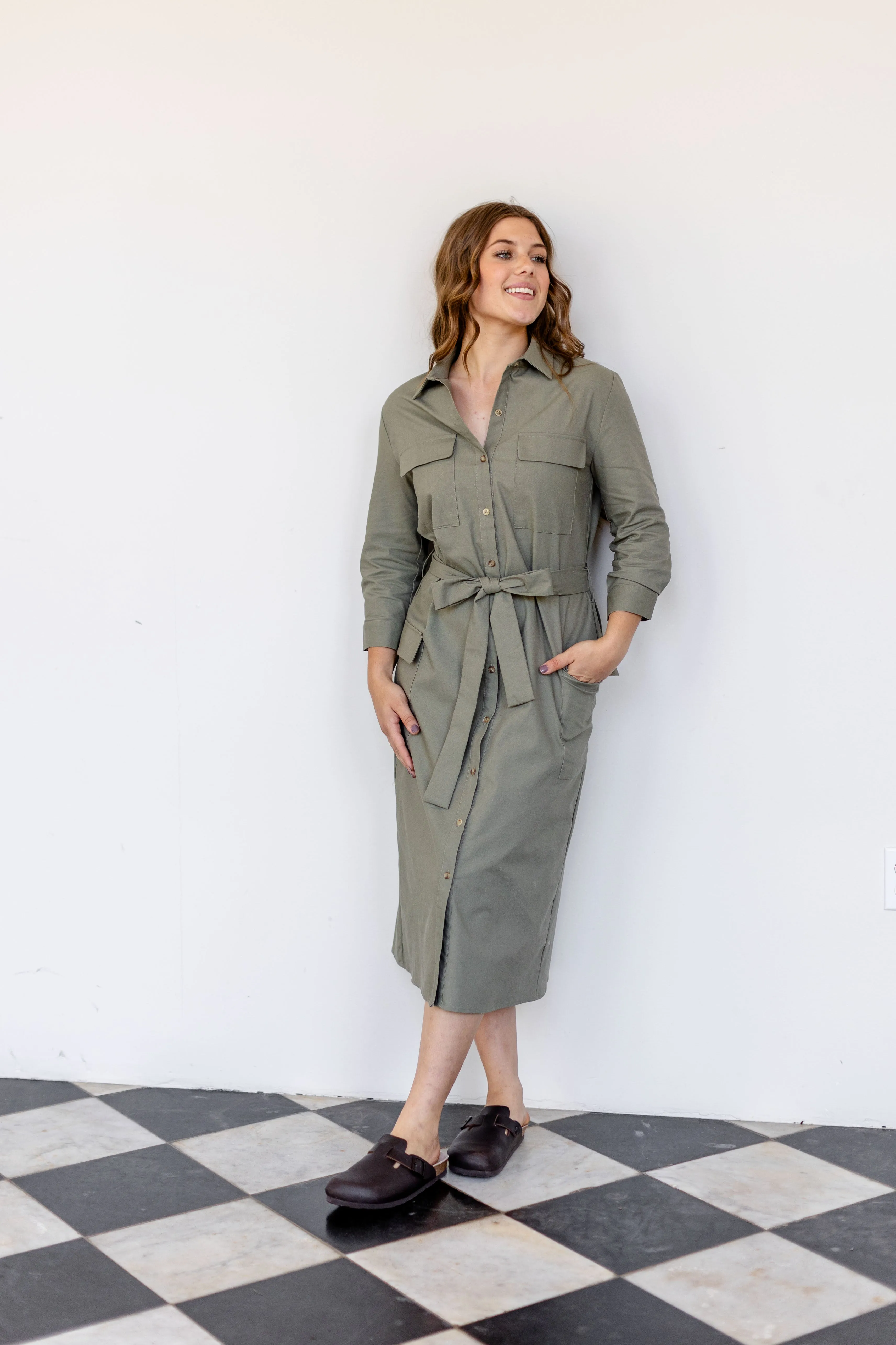 'Etienne' Collared Button Down Linen Blend Midi Dress in Olive