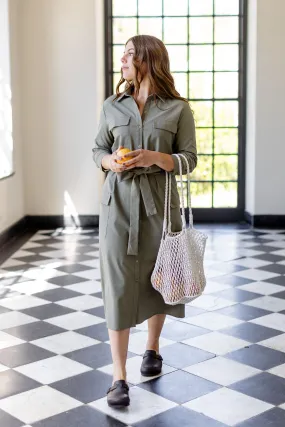 'Etienne' Collared Button Down Linen Blend Midi Dress in Olive