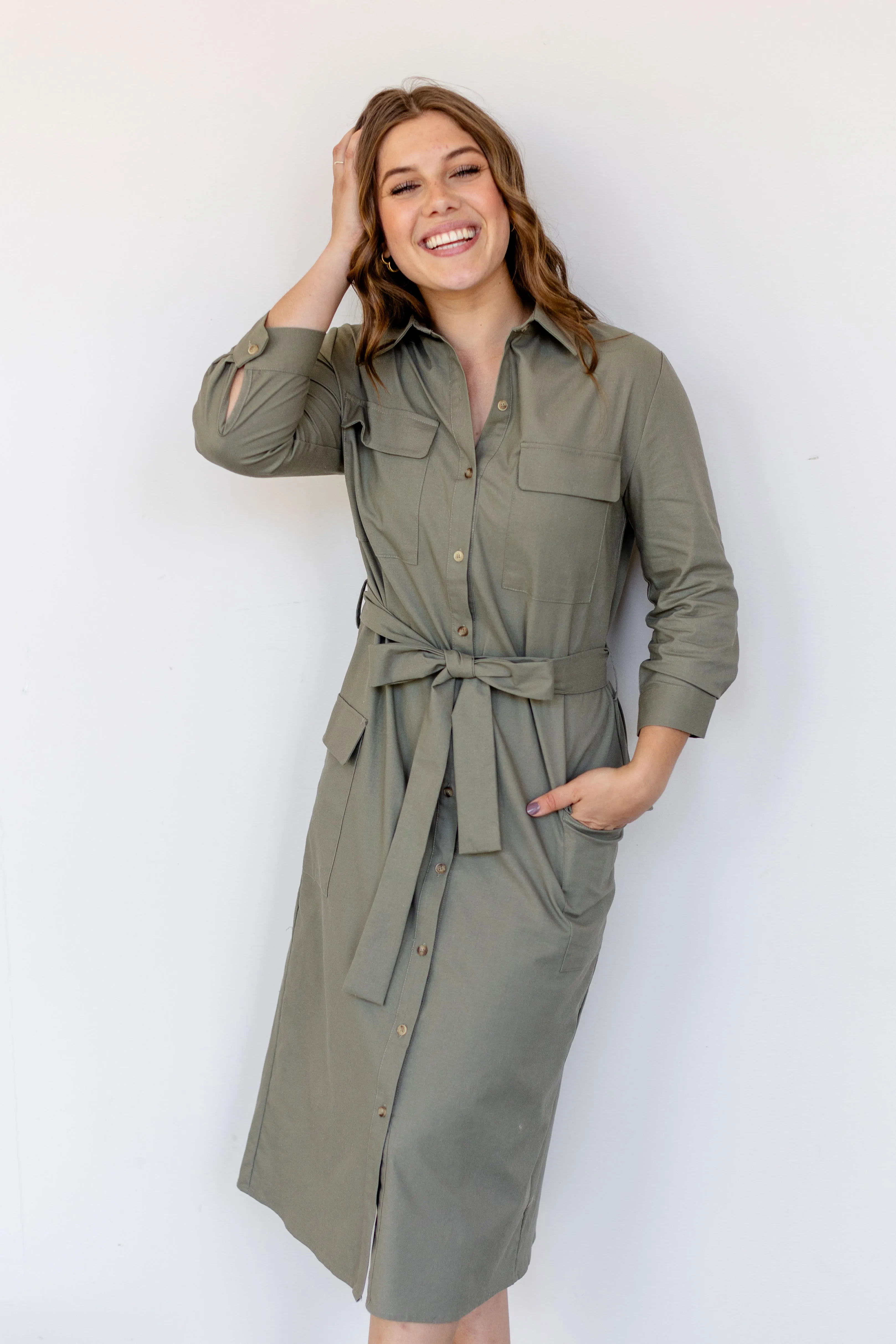 'Etienne' Collared Button Down Linen Blend Midi Dress in Olive