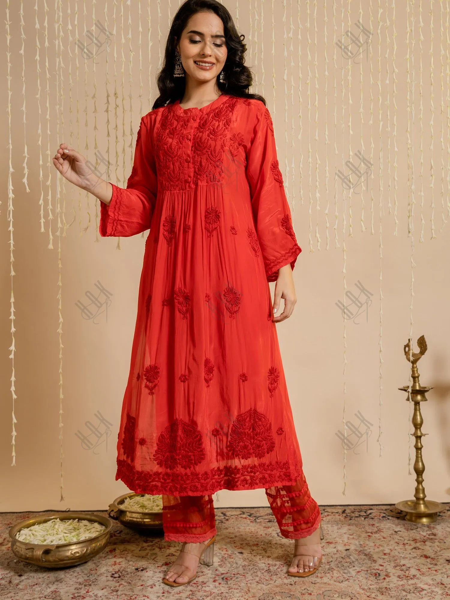 Fizaa Chikankari Crepe Silk Kurta for Women in Red Spraed Collar