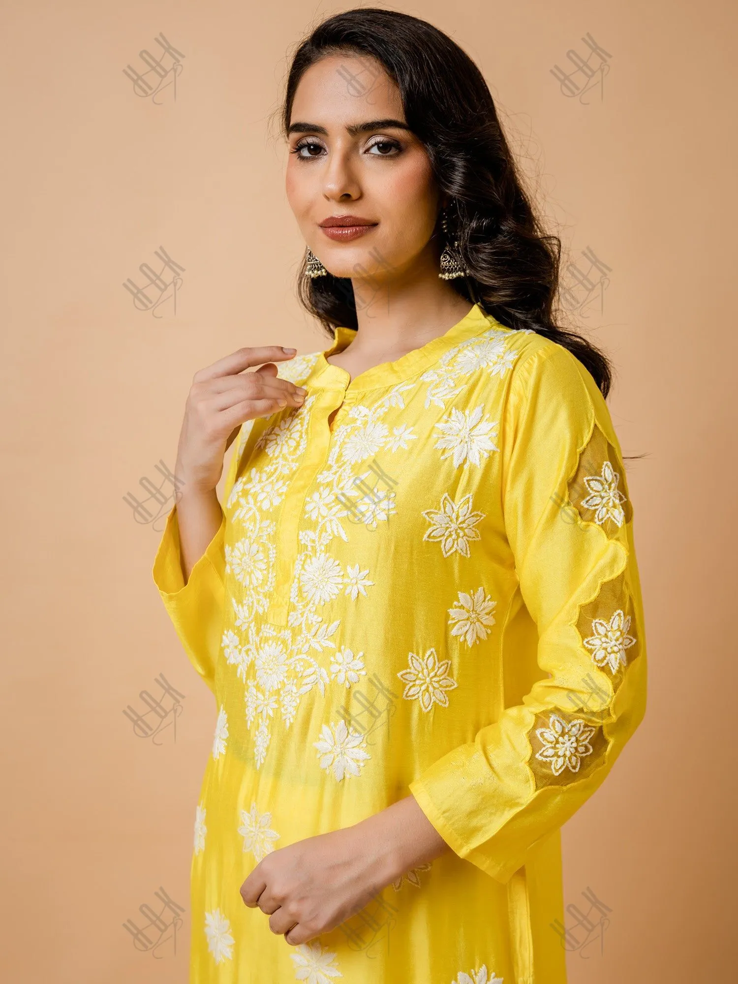 Fizaa Yellow Chikankari Chanderi Silk Kurta Set