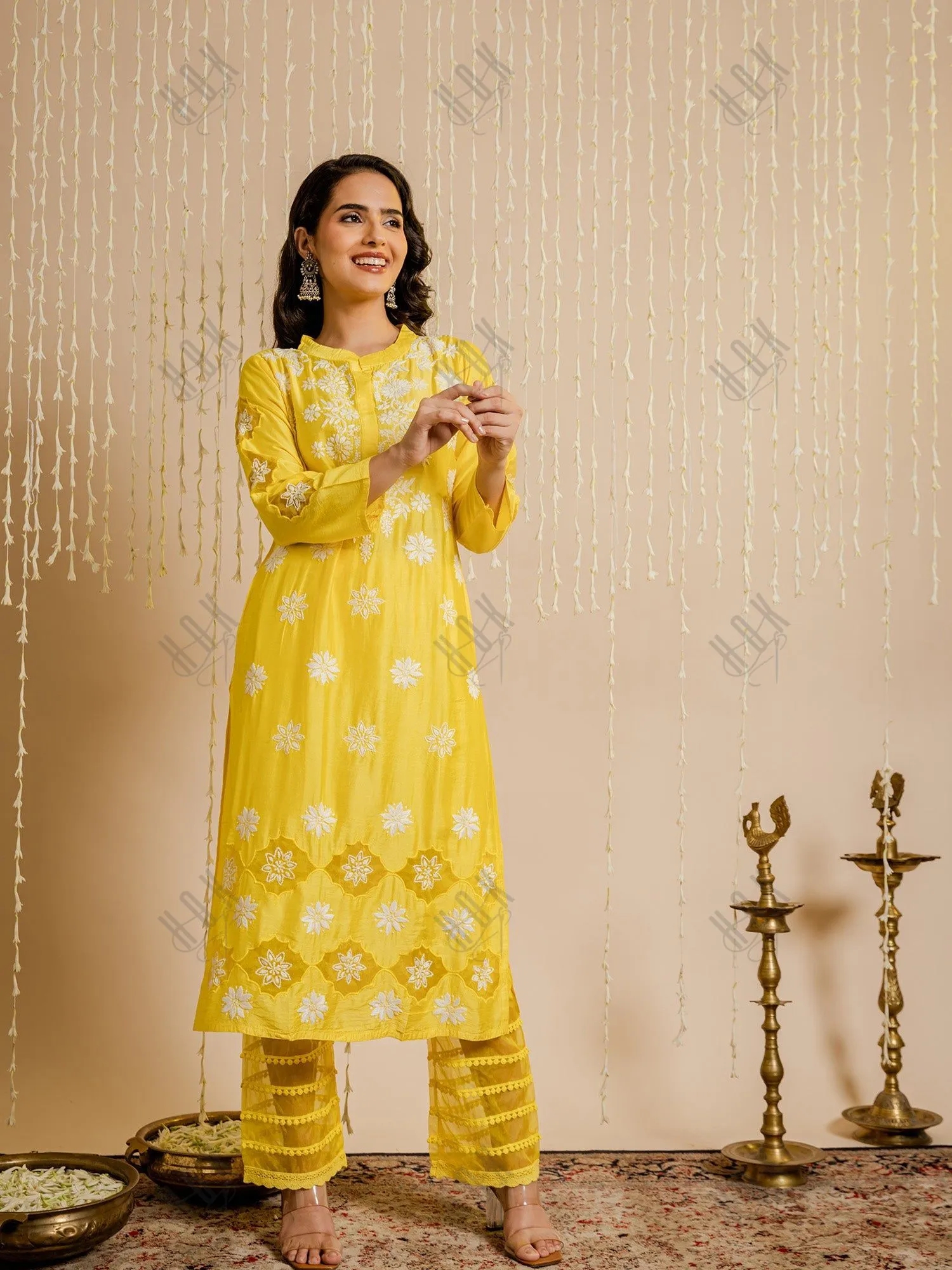 Fizaa Yellow Chikankari Chanderi Silk Kurta Set