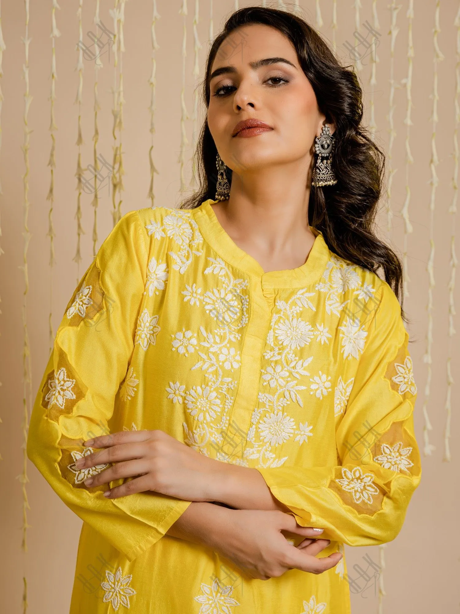 Fizaa Yellow Chikankari Chanderi Silk Kurta Set