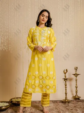 Fizaa Yellow Chikankari Chanderi Silk Kurta Set