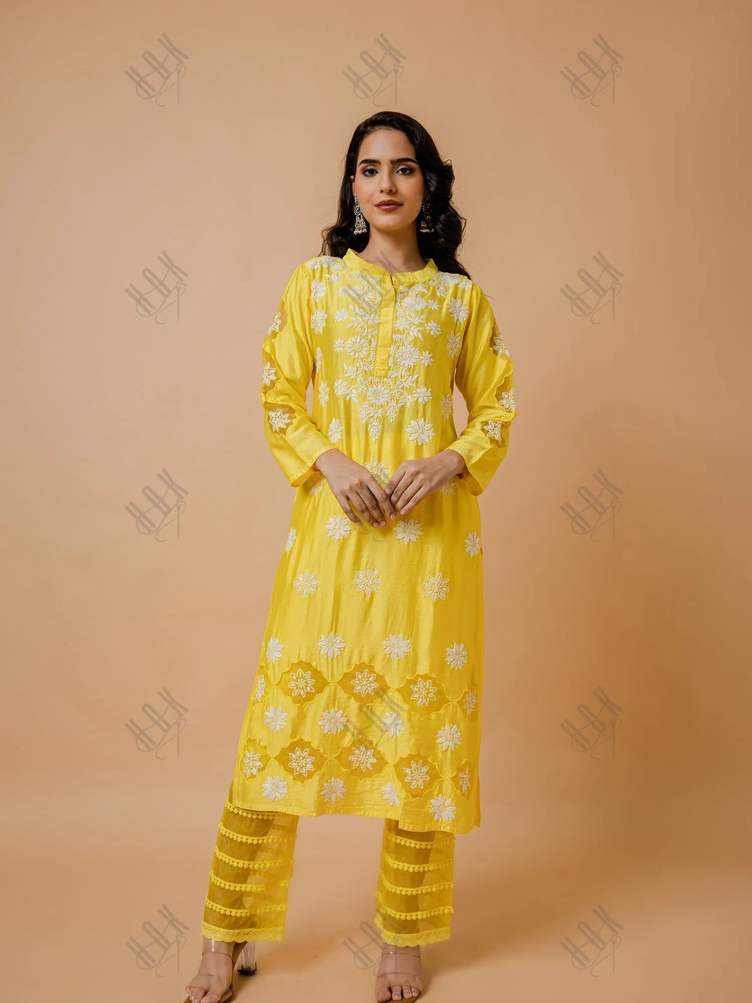 Fizaa Yellow Chikankari Chanderi Silk Kurta Set