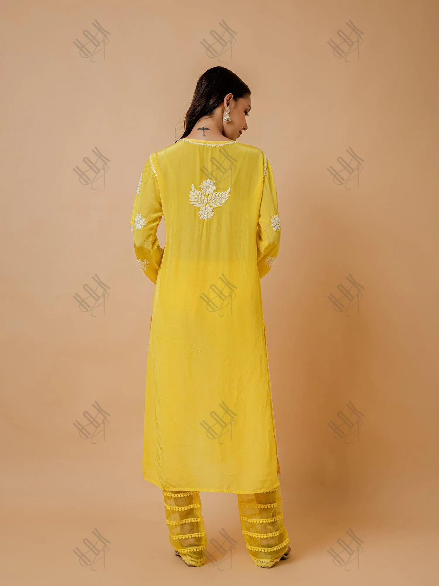 Fizaa Yellow Chikankari Chanderi Silk Kurta Set