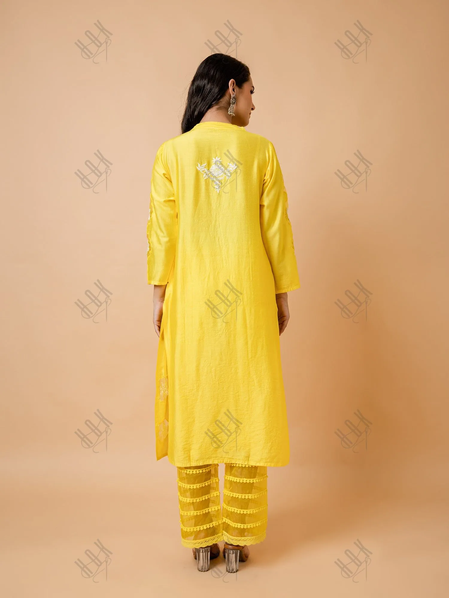 Fizaa Yellow Chikankari Chanderi Silk Kurta Set