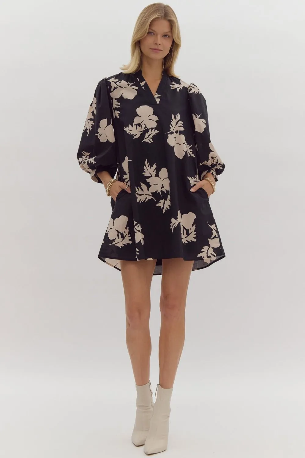 Floral Print V-Neck 3/4 Length Mini Dress