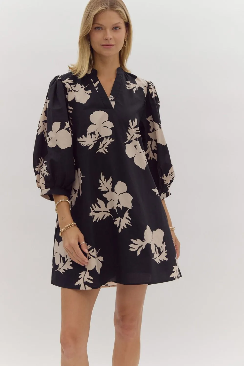 Floral Print V-Neck 3/4 Length Mini Dress