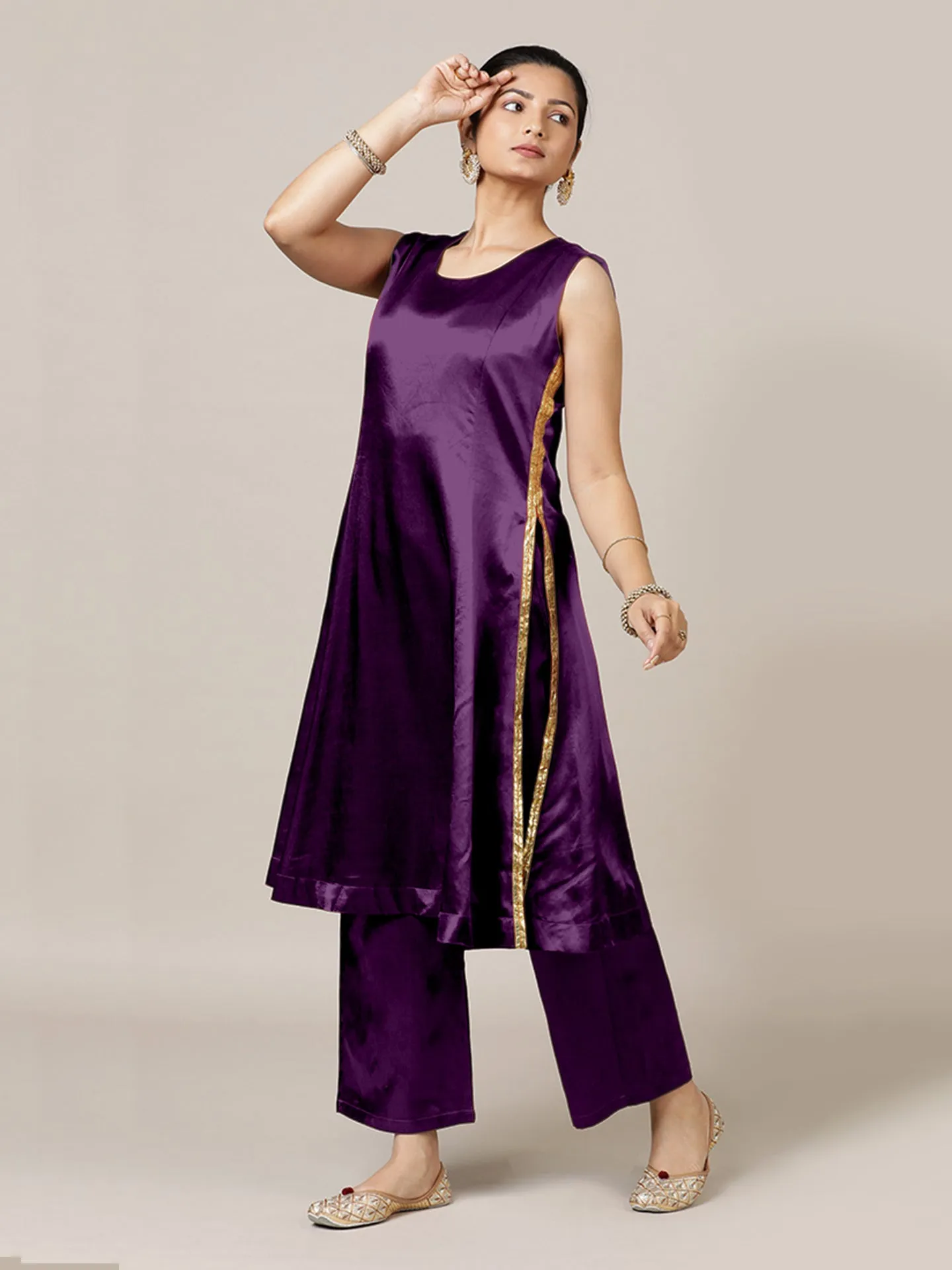 Gulnaaz x Tyohaar | Moonlight Purple Mashru Silk Panelled Kurta with Crushed Golden Gota Detailing | Coords or Only Kurta