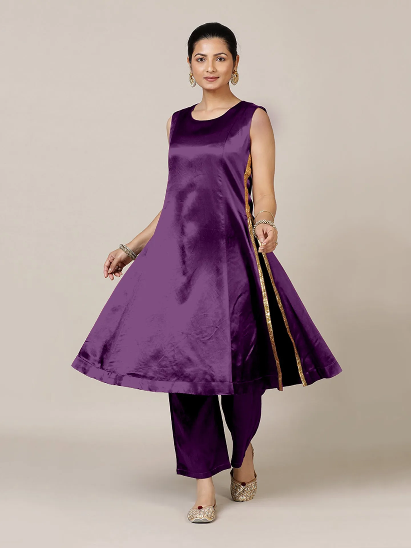 Gulnaaz x Tyohaar | Moonlight Purple Mashru Silk Panelled Kurta with Crushed Golden Gota Detailing | Coords or Only Kurta