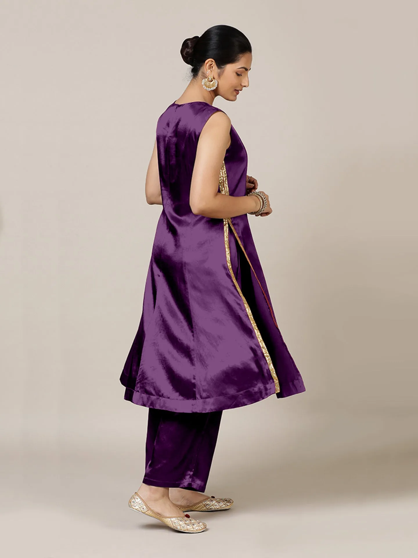 Gulnaaz x Tyohaar | Moonlight Purple Mashru Silk Panelled Kurta with Crushed Golden Gota Detailing | Coords or Only Kurta