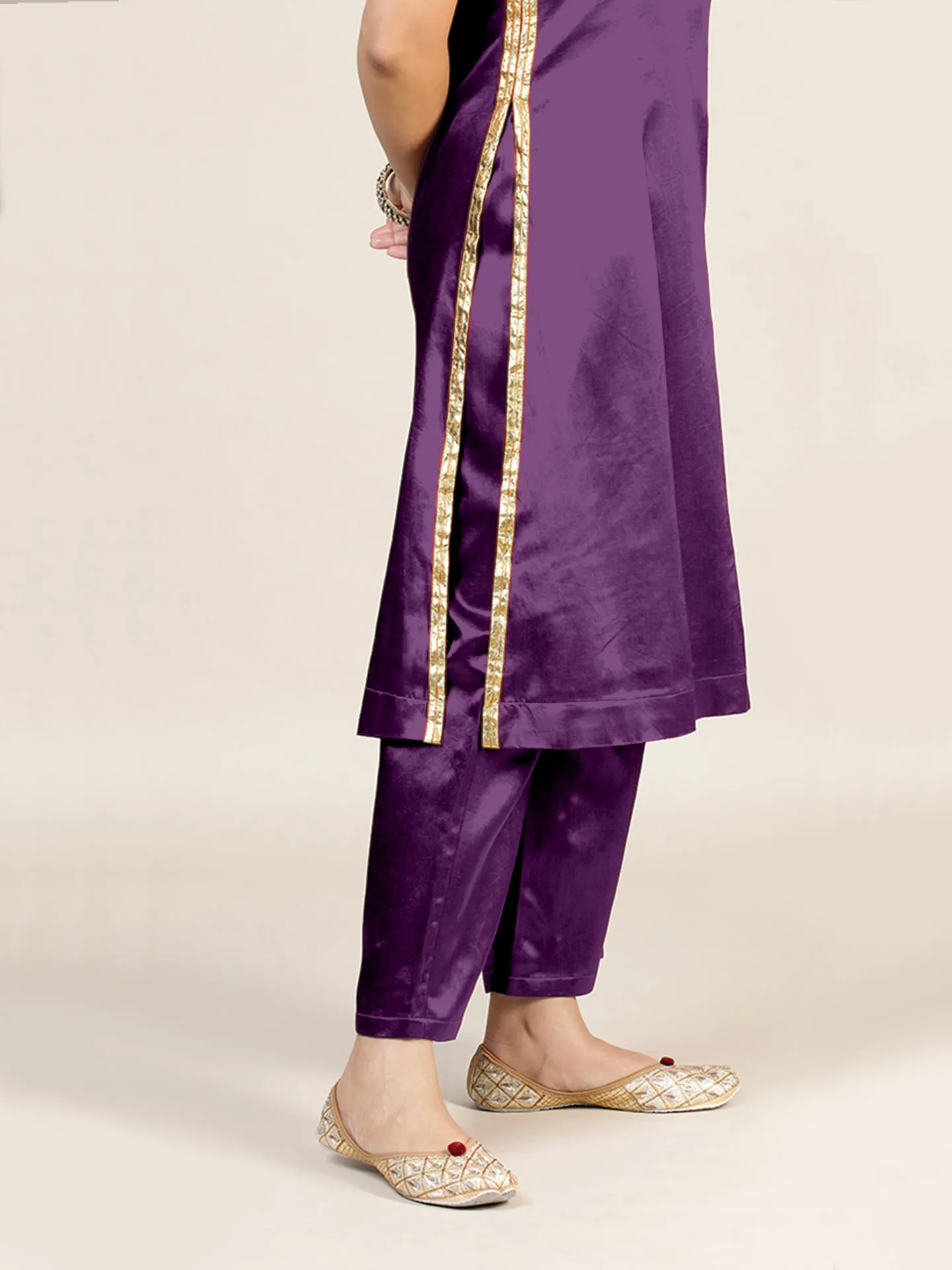 Gulnaaz x Tyohaar | Moonlight Purple Mashru Silk Panelled Kurta with Crushed Golden Gota Detailing | Coords or Only Kurta