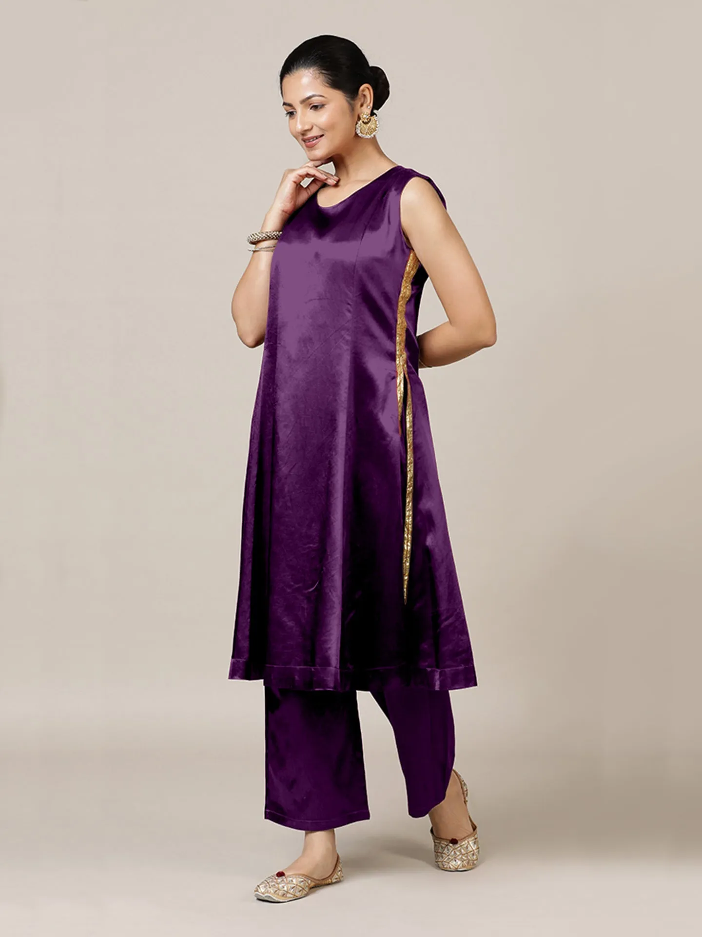 Gulnaaz x Tyohaar | Moonlight Purple Mashru Silk Panelled Kurta with Crushed Golden Gota Detailing | Coords or Only Kurta