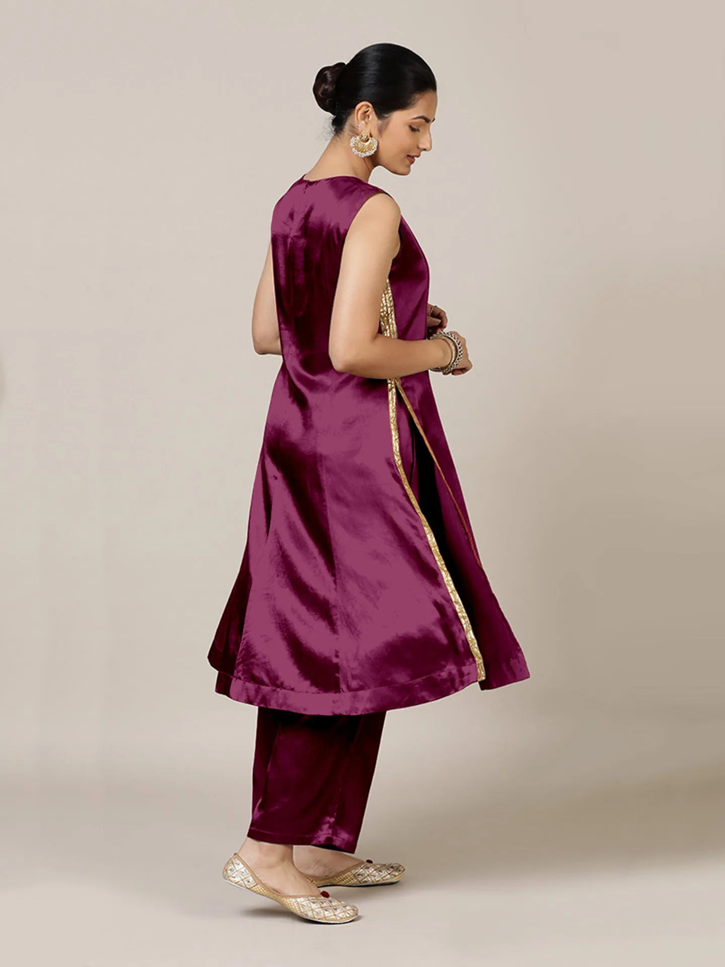 Gulnaaz x Tyohaar | Mulberry Red Mashru Silk Panelled Kurta with Crushed Golden Gota Detailing | Coords or Only Kurta