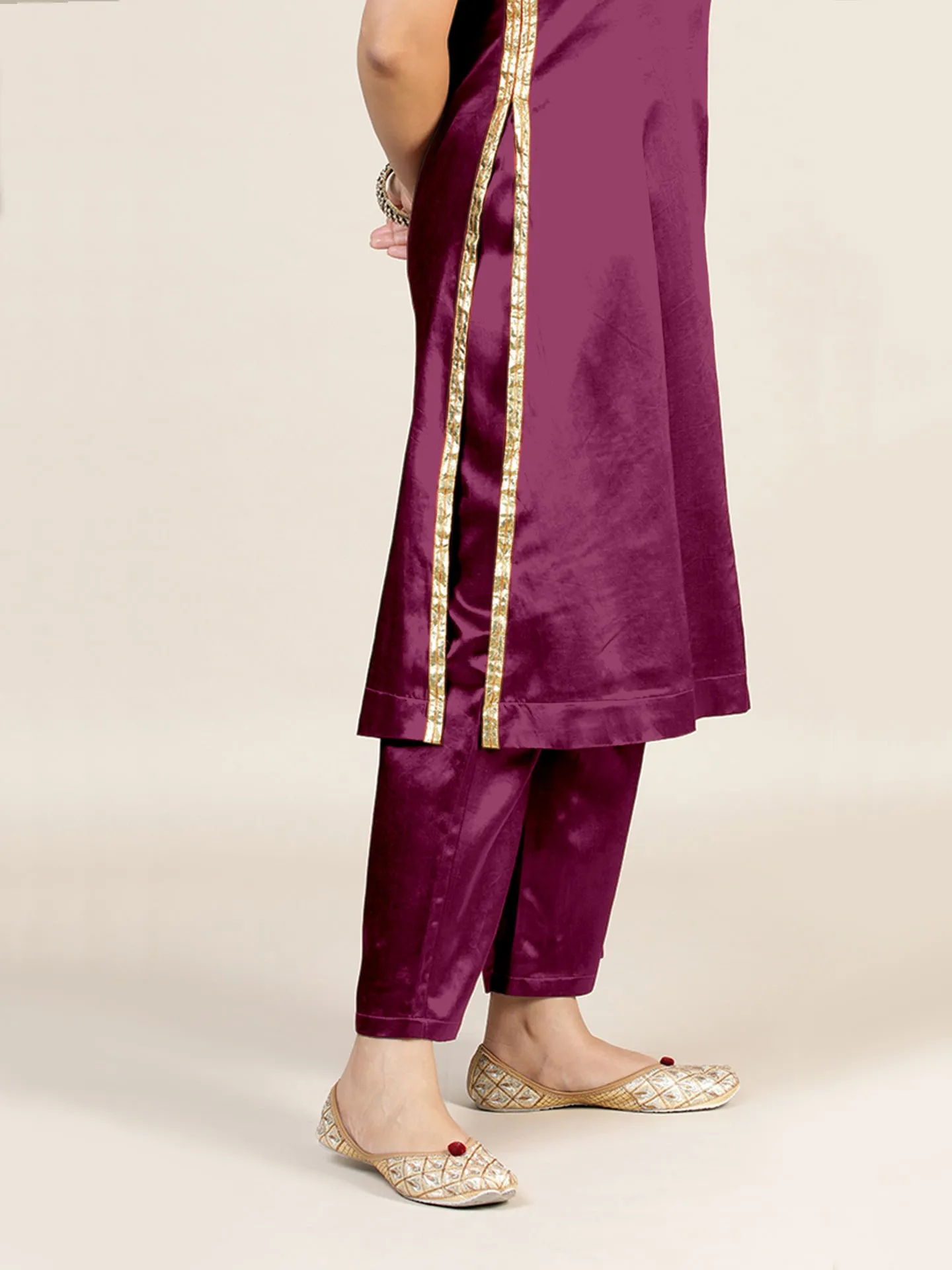 Gulnaaz x Tyohaar | Mulberry Red Mashru Silk Panelled Kurta with Crushed Golden Gota Detailing | Coords or Only Kurta