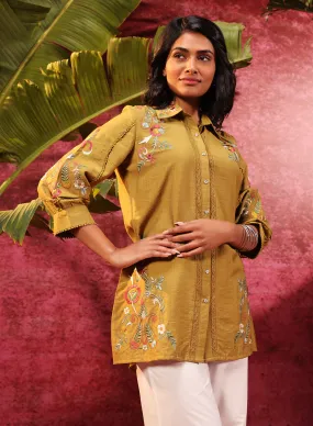 Hania Chartreuse Embroidered Cotton Silk Shirt for Women