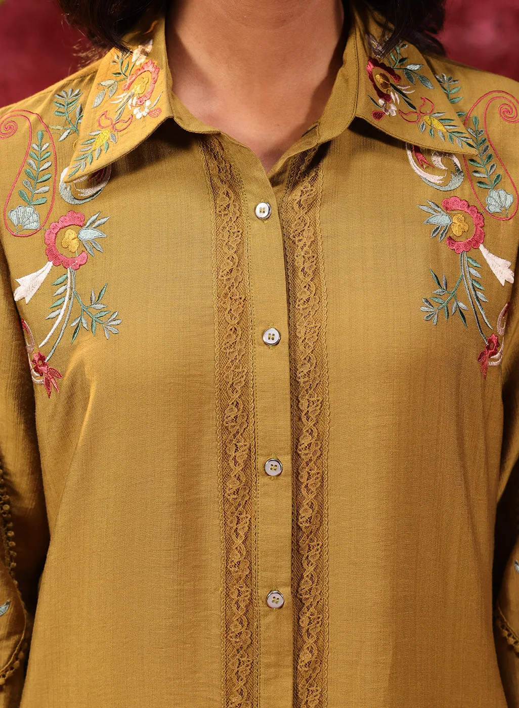 Hania Chartreuse Embroidered Cotton Silk Shirt for Women