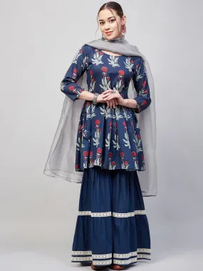 Indigo Boota Sharara Set With Grey Or Dupatta