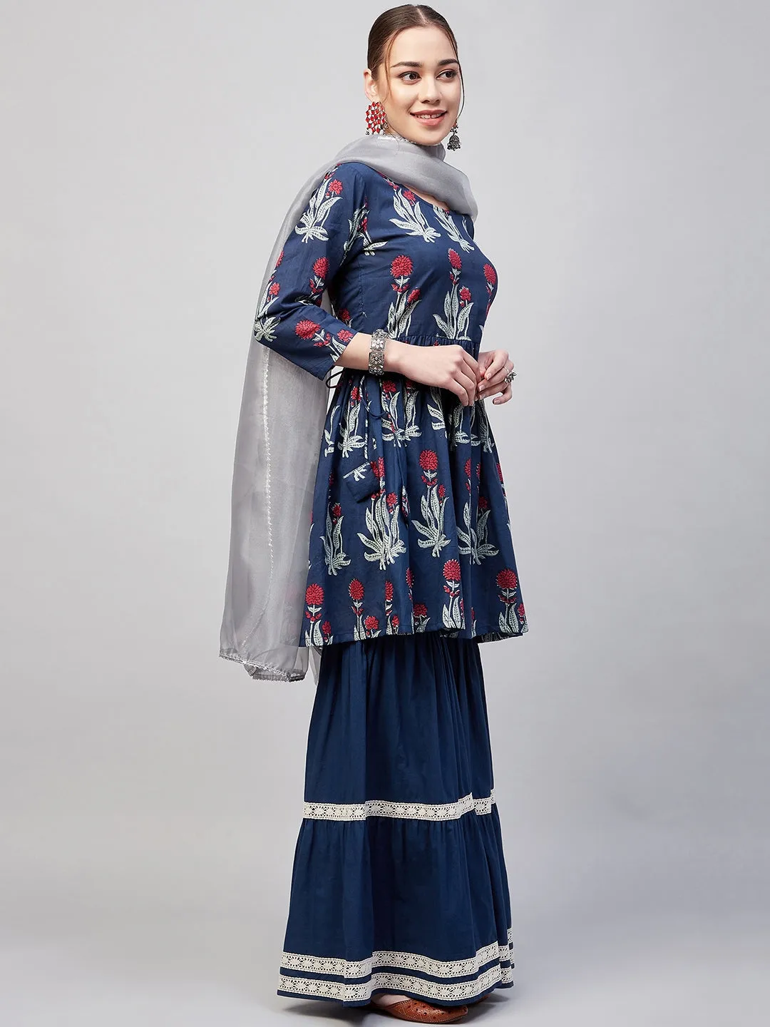 Indigo Boota Sharara Set With Grey Or Dupatta