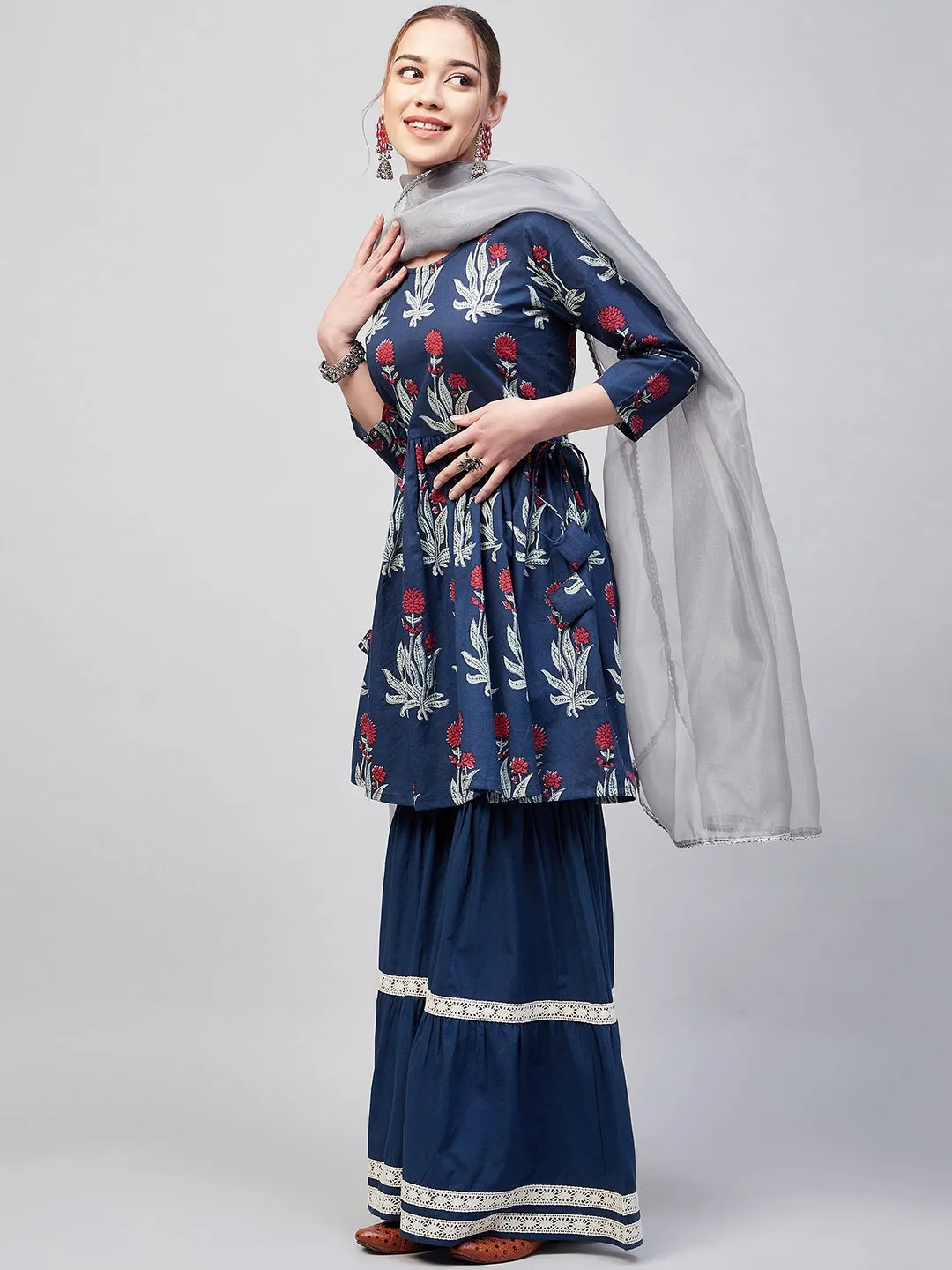 Indigo Boota Sharara Set With Grey Or Dupatta