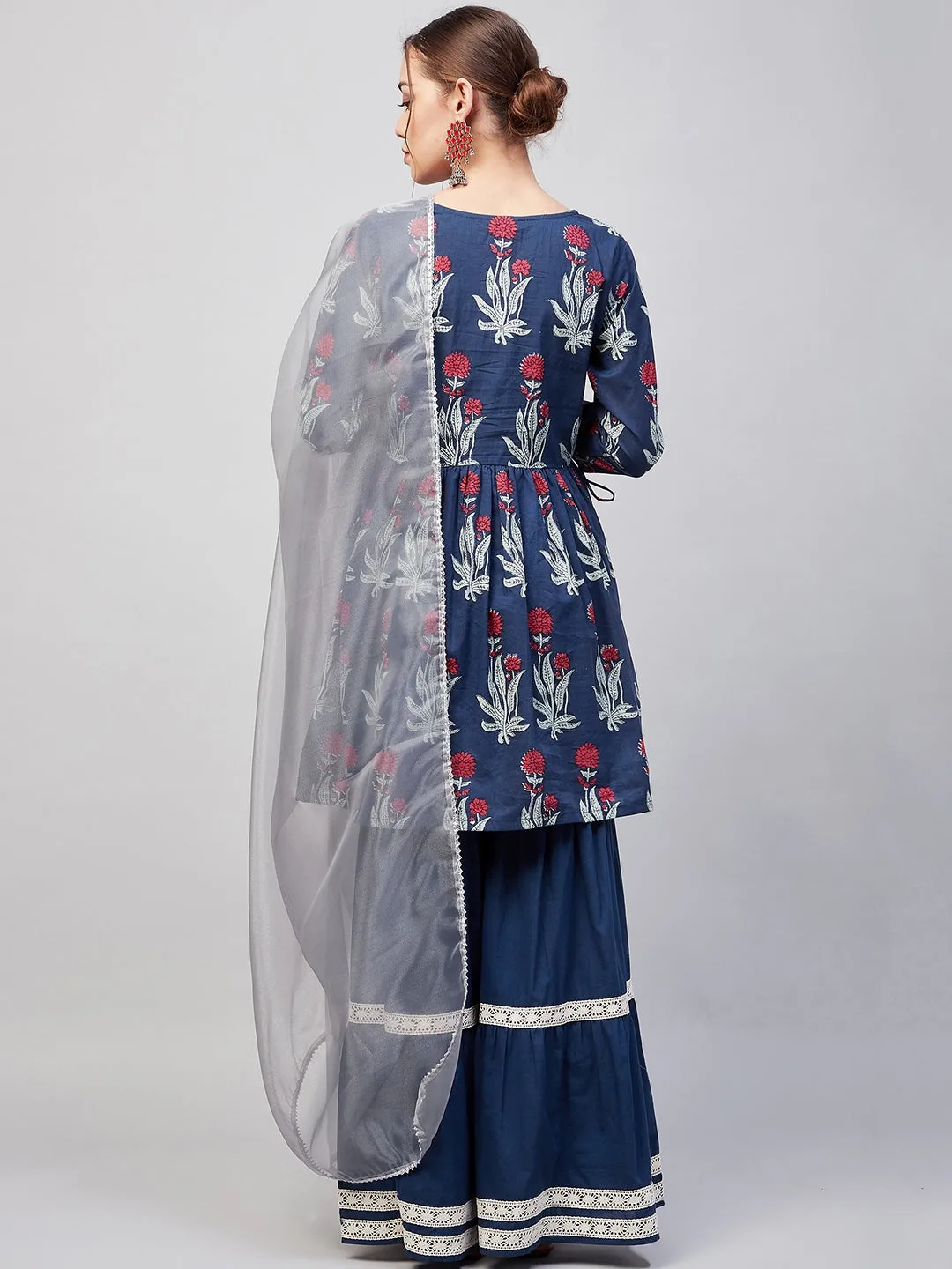 Indigo Boota Sharara Set With Grey Or Dupatta