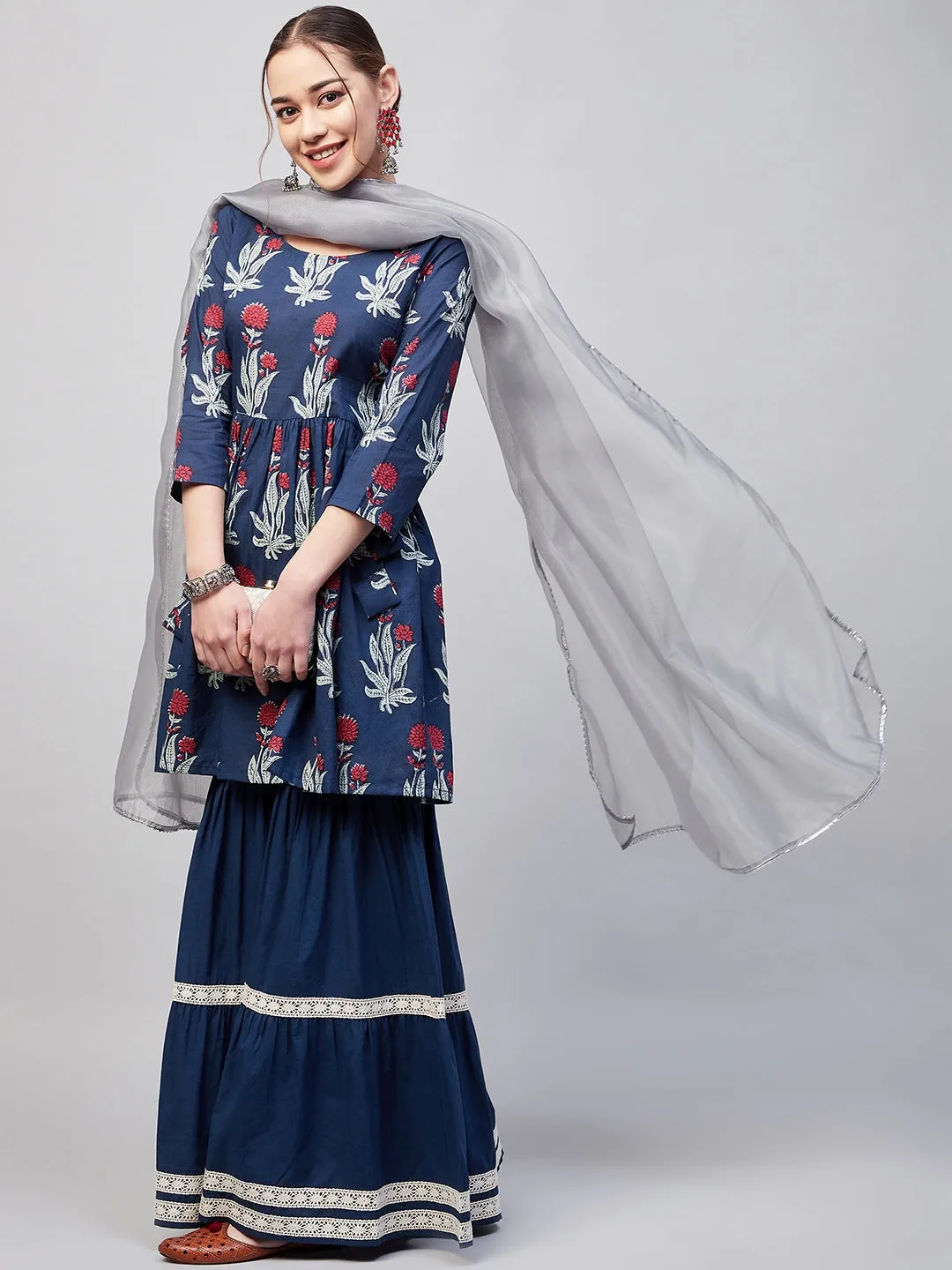 Indigo Boota Sharara Set With Grey Or Dupatta