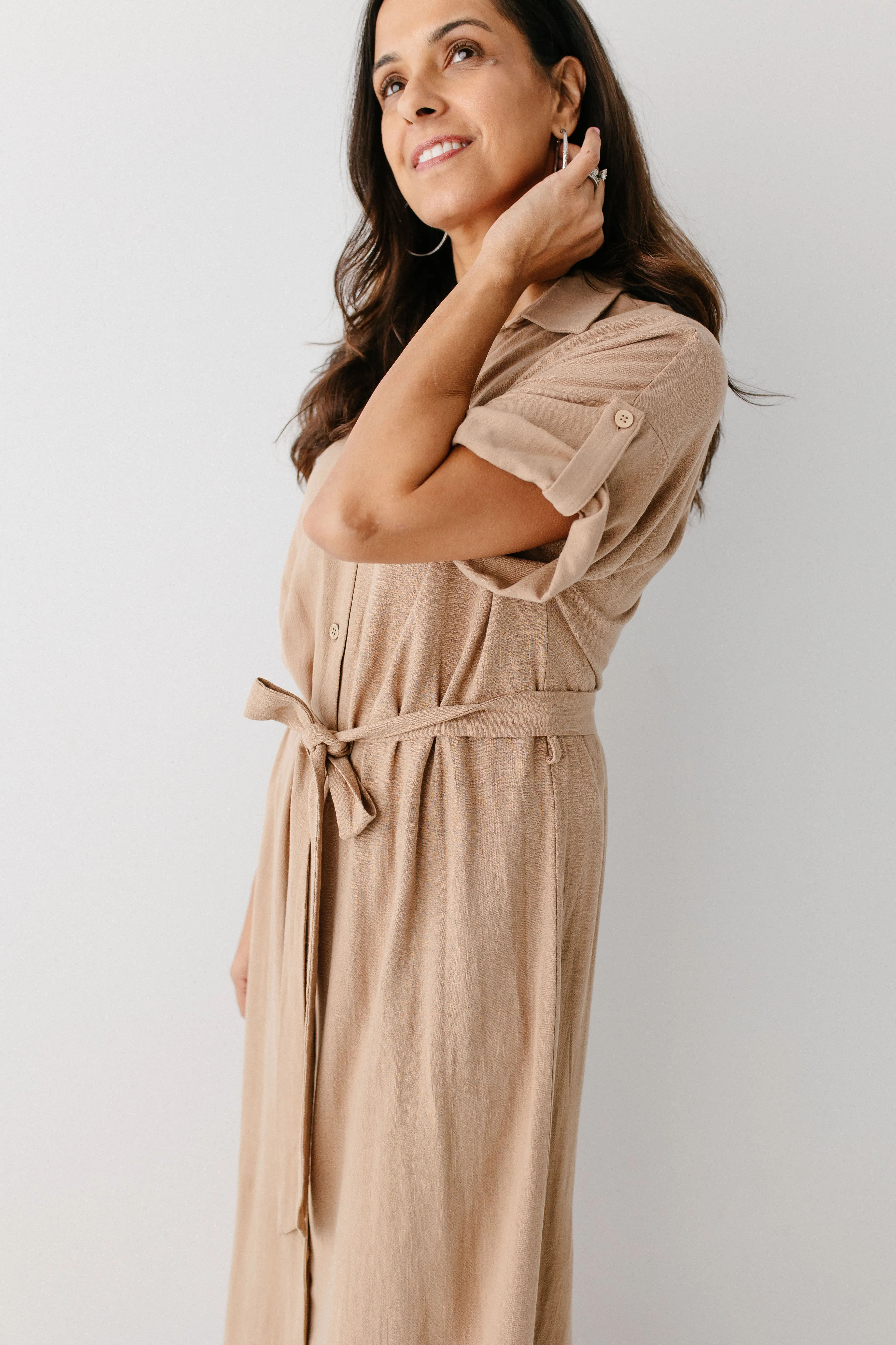 'Kienna' Button Down Collared Midi Dress in Taupe