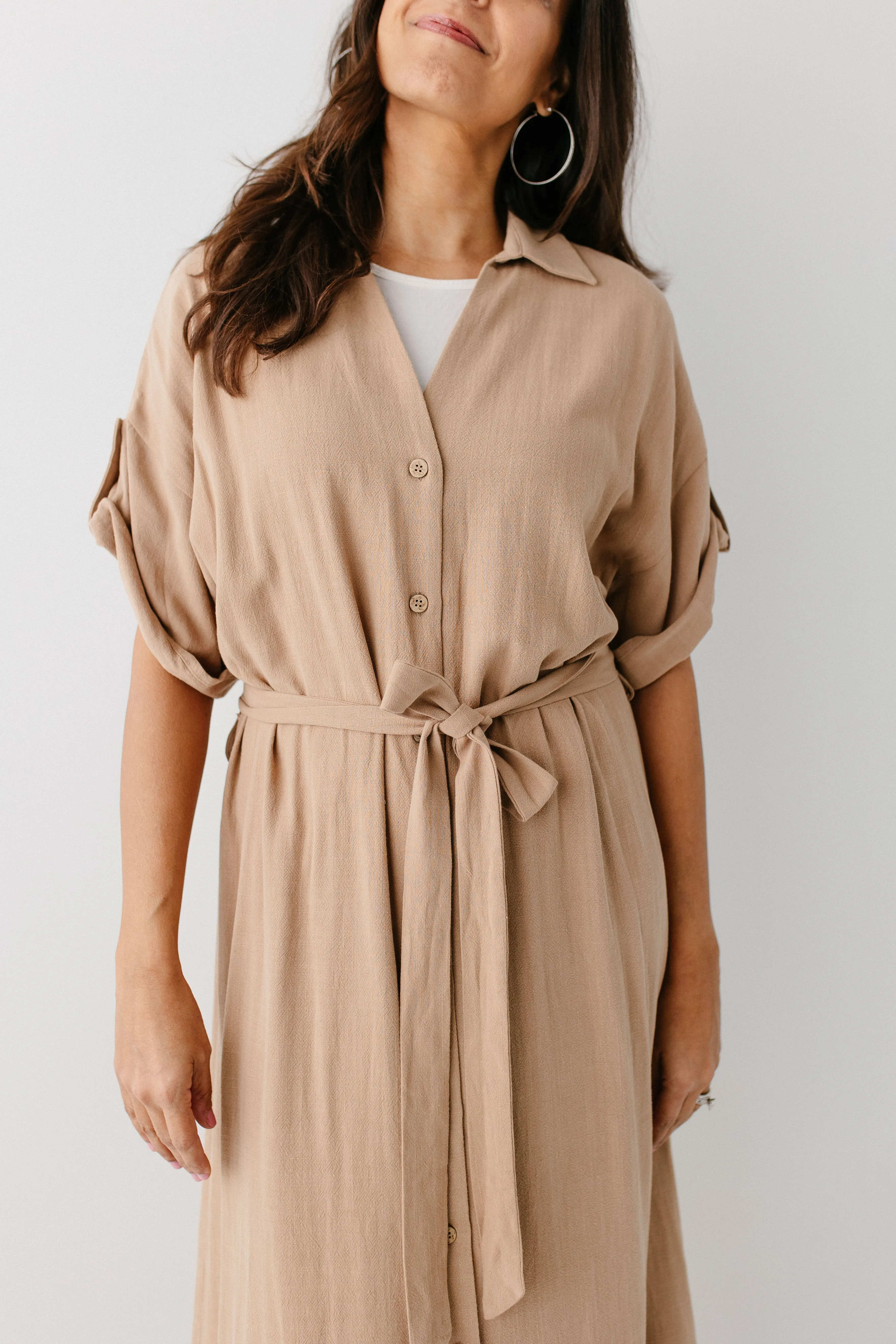 'Kienna' Button Down Collared Midi Dress in Taupe