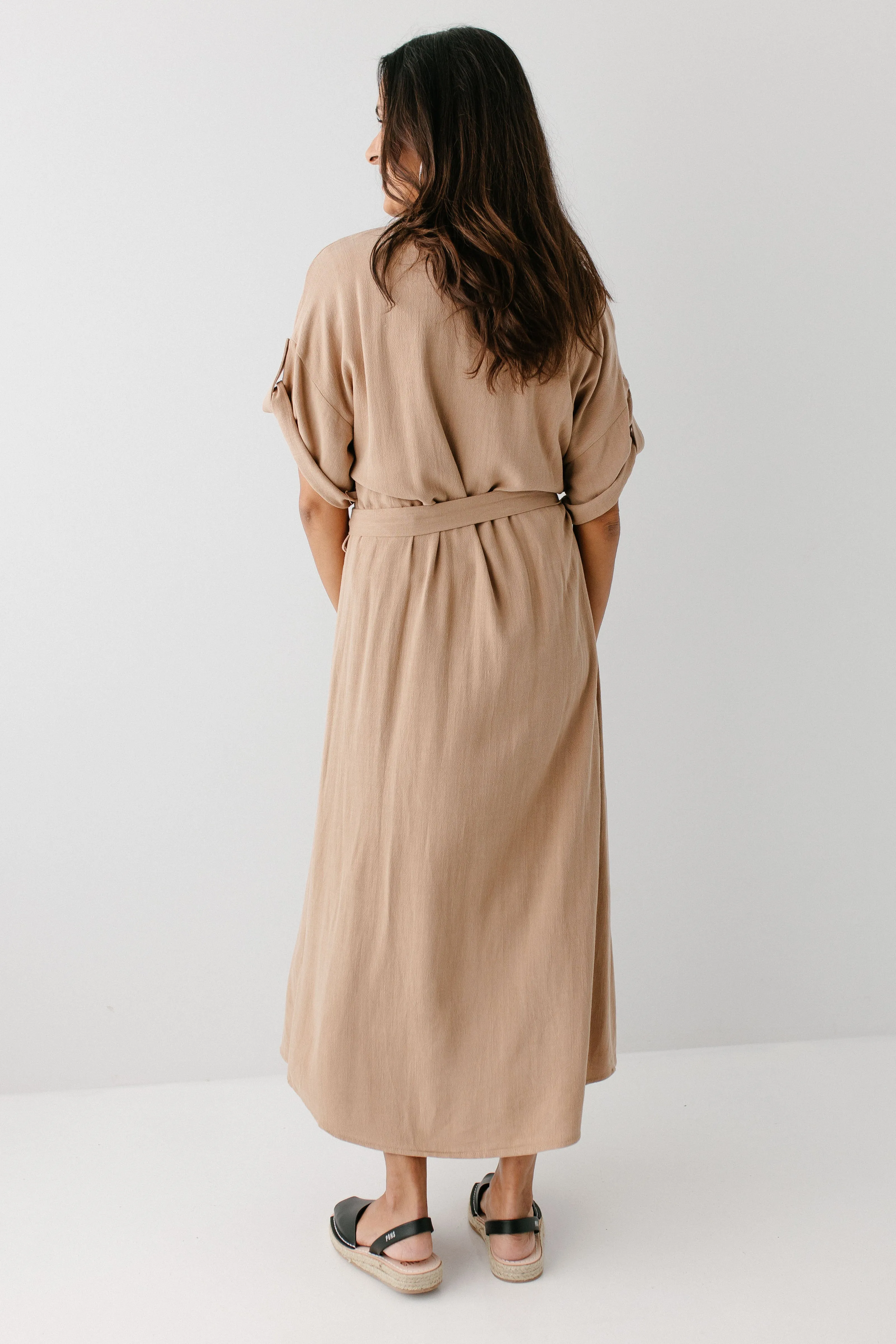 'Kienna' Button Down Collared Midi Dress in Taupe