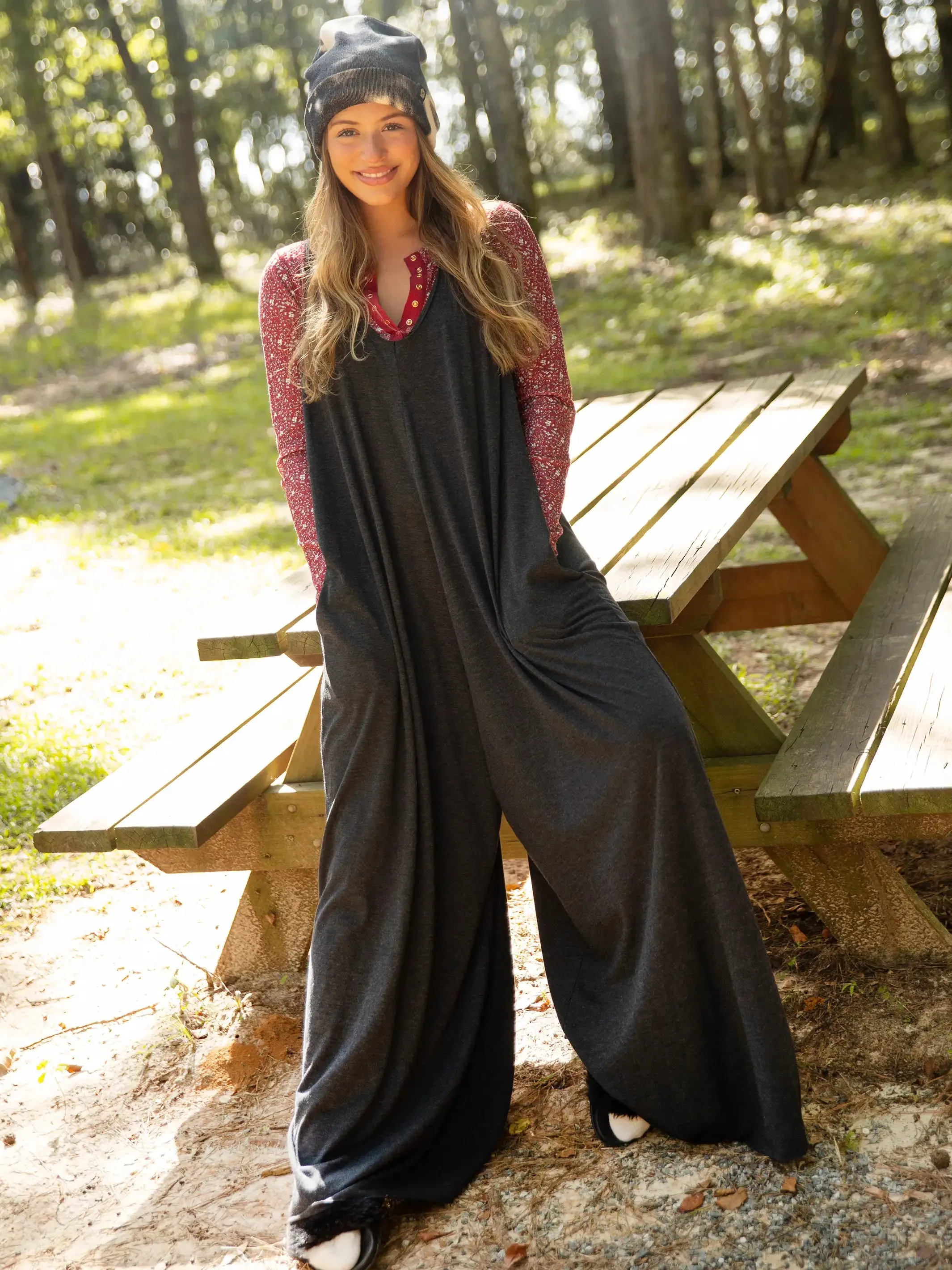 Knit V-Neck Jumpsuit - Charcoal