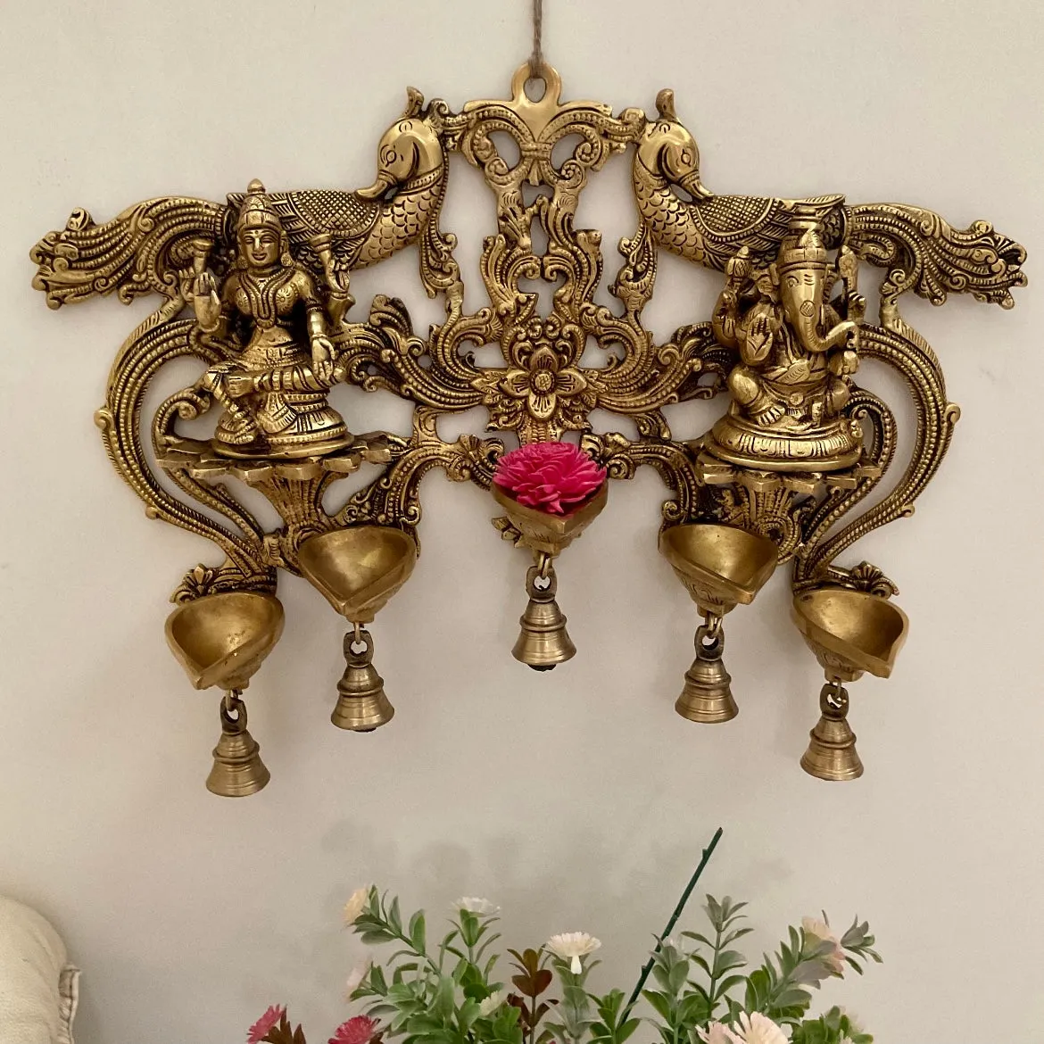 Lakshmi Ganesh Hanging Diya And Bell - Brass Divine Wall Hanging - Festive Decor