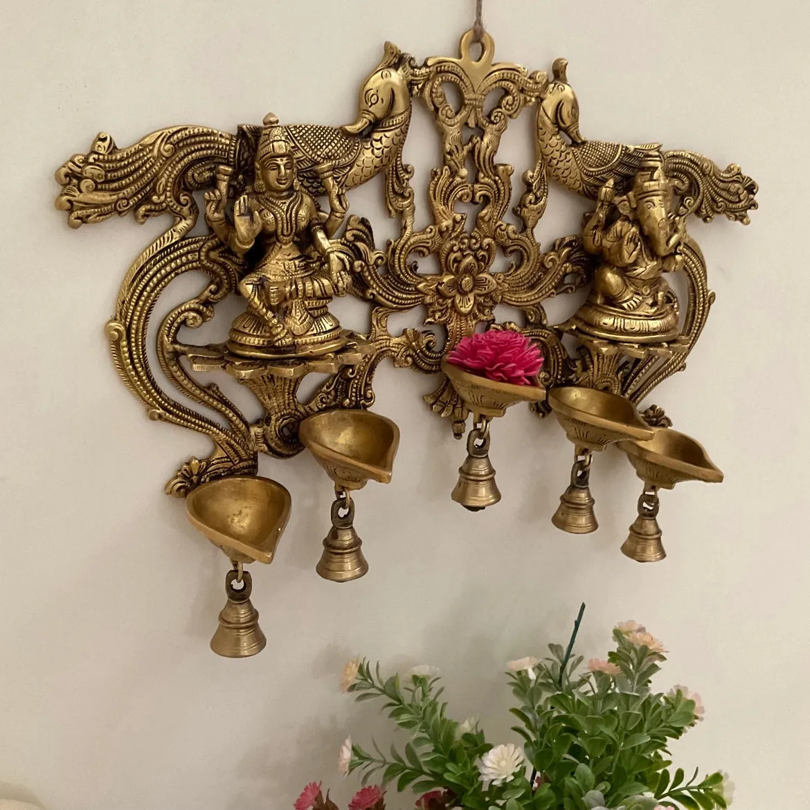 Lakshmi Ganesh Hanging Diya And Bell - Brass Divine Wall Hanging - Festive Decor